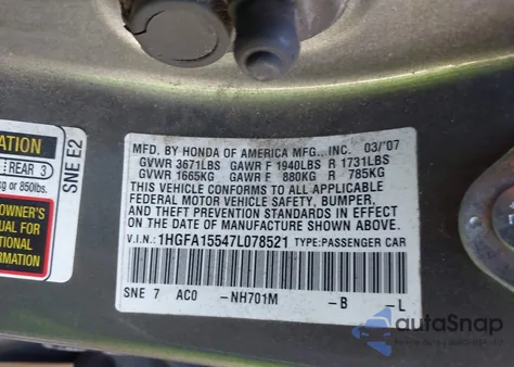 2007 Honda Civic Lx from USA, damaged, VIN 1HGFA15547L078521